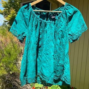 Calvin Klein Jeans Teal Embroidered Eyelet Short Sleeve Blouse